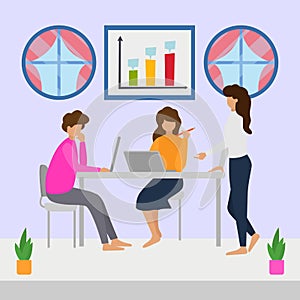 Business people colleagues meeting vector illustration. Man, woman teamwork analysis, research, strategy discussion at