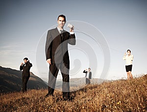 Business People Communicate Paper Cup Phone Outdoors Concept