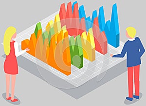 Business people communicating in office discuss statistics, analyze different charts and graphs