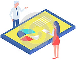 Business people communicating in office discuss statistics, analyze different charts and graphs