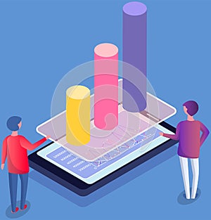 Business people communicating in office discuss statistics, analyze different charts and graphs