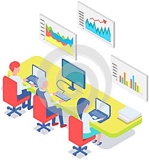 Business people communicating in office discuss statistics, analyze different charts and graphs