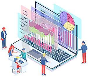 Business people communicating in office discuss statistics, analyze different charts and graphs