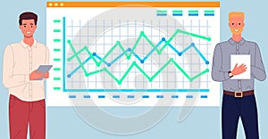 Business people communicating in office discuss statistics, analyze different charts and graphs