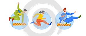 Business People Competing In Race With Obstacles Isolated Round Icons or Avatars. Characters Partaking in Challenge