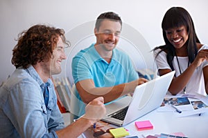 Business people, computer and teamwork, planning or collaboration for online marketing, group or internship ideas. Happy