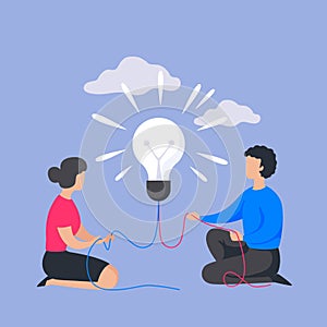 Business people concept. Man and woman with light bulb. Insight in teamwork communication process. Brainstorming banner