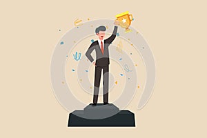 Business people concepts for success. Businessman speed up running up the Stairs to the gold trophy cup icon. Isometric vector