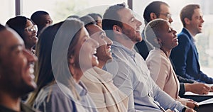 Business people, conference and happy audience laughing at a seminar, workshop or training. Diversity men and women