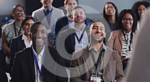 Business people, conference and happy audience laughing at a seminar, workshop or training. Diversity men and women