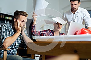 Business people conflict problem, team working throw papers, documents fly in air