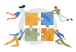 Business people connect puzzle concept, team characters flying, holding jigsaw pieces