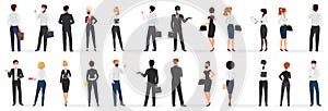 Business people conversation at pandemic cartoon vector illustration set. White and black men and women in mask, in