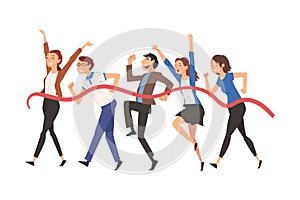 Business People Crossing the Finish Line, Team Leader Professional Competition Vector Illustration