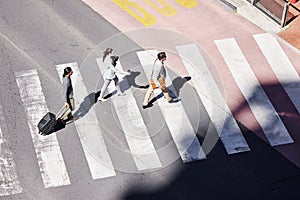 Business, people and crosswalk from street to commute work, journey and traffic on road for transport in morning. Crowd