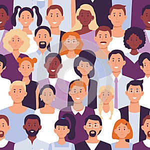 Business people crowd pattern. Office employees, workers team portrait and colleagues standing together seamless vector