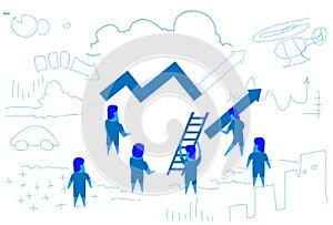 Business people curved line arrow holding ladder financial analysis concept teamwork brainstorming strategy horizontal