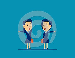 Business people with different directions. Concept business choice vector illustration, Pointing, Challenge, Kid flat cartoon