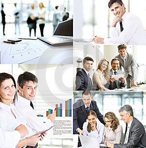 Business people in the different situations of trainings, presentations, negotiations and joint work, a collage photo photo