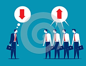Business people disagreeing with upward and downward arrow in thought bubble photo
