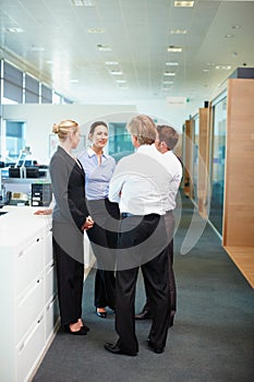 Business people discussing. Full length of successful business people discussing with each other in office.