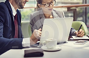 Business People Discussion Laptop Technology Togetherness Concept photo