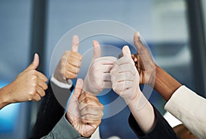 Business people, diversity and hands with thumbs up for agreement, unity or well done at office. Closeup of diverse