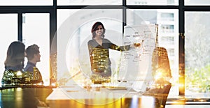 Business people, double exposure and woman with presentation, speaker and city lights with information. Corporate