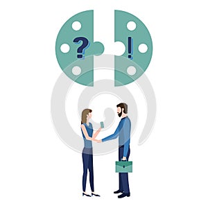 Business people engage in dialogue and shake hands while standing under puzzles. Woman with a phone, man with a briefcase. Concept