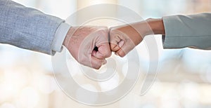 Business people, fist bump and partnership in collaboration for meeting, trust or unity at the office. Team bumping