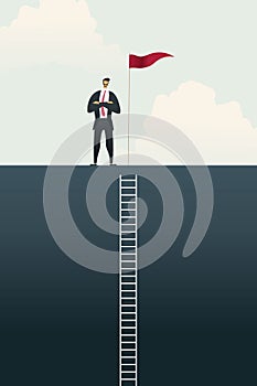 Business people with flag on standing on bar chart top over of goals, success ladder concept. illustration Vector