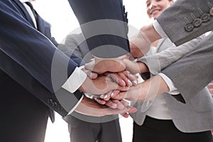 Business people folding their hands together.