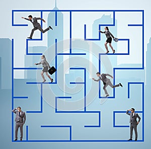 Business people getting lost in maze uncertainty concept