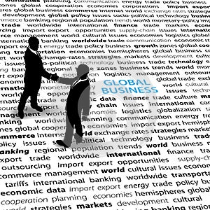 Business people global economic issues text page