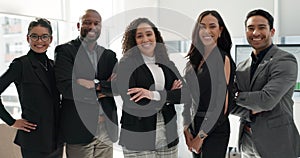 Business people, group and arms crossed in office, face and smile at law firm, justice and diversity. Corporate attorney