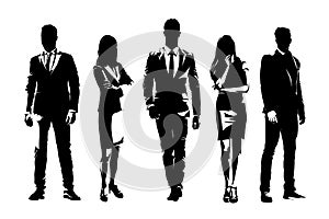 Business people, group of businessmen and businesswomen in formal clothing standing, front view. Abstract isolated vector