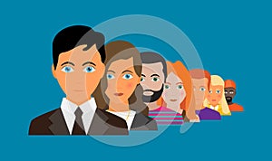 Business people group color profile human resources team flat design vector illustration over blue background