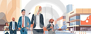 Business people group diverse team successful men women over cityscape background male female cartoon character portrait