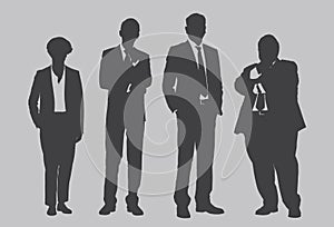 Business people group gray silhouettes pose on gray background, flat line vector and illustration.