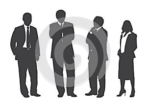 Business people group gray silhouettes pose on white background, flat line vector and illustration.