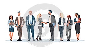 Business people group hand shake agreement communicating concept businessmen women team leader meeting male female