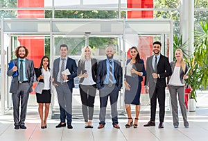 Business People Group Happy Smile Standing Line At Modern Office, Businesspeople Row