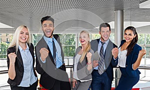 Business People Group Happy Smile Standing At Modern Office Businesspeople Success Raised Hands