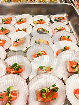 Business people group in the line catering buffet food indoor in luxury restaurant