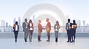 Business People Group Meeting Agreement Hand Shake Silhouettes Modern City View
