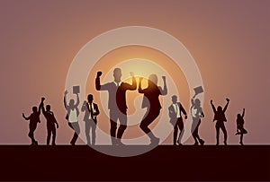 Business People Group Silhouette Excited Hold Hands Up Raised Arms, Businesspeople Concept Winner Success