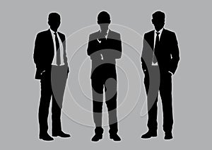 Business people group silhouettes pose on gray background, flat line vector and illustration.