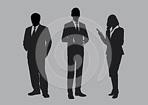 Business people group silhouettes pose on grey background, flat line  and illustration.
