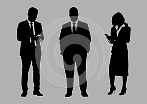Business people group silhouettes pose on grey colour background, flat line  and illustration.