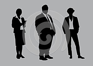 Business people group silhouettes pose on grey colour background, flat line  and illustration.